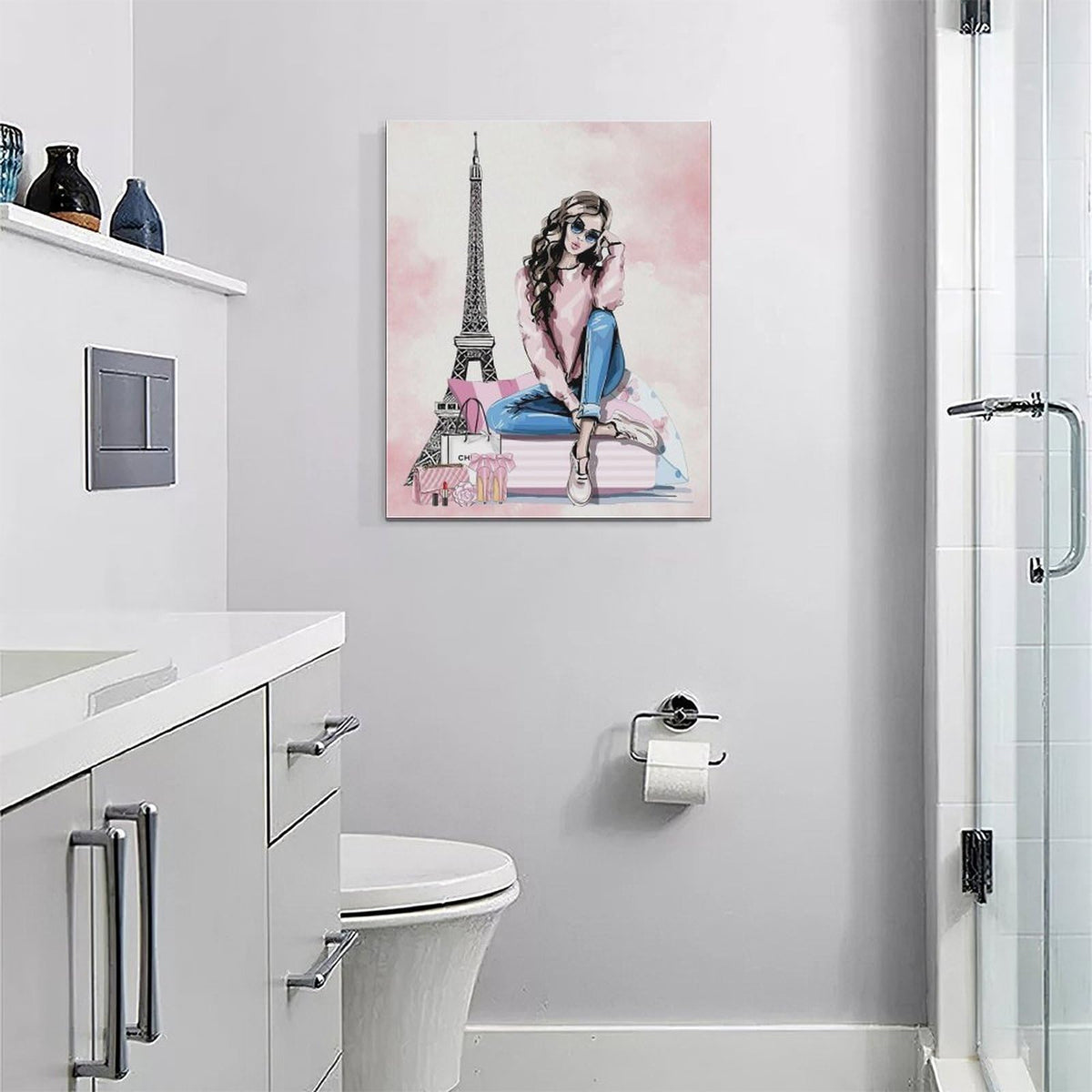 Paris Fashion Girls Wall Art Pink Eiffel Tower Pictures Decor Female Makeup Canvas Painting Print Home Artwork Decorations for Bathroom Living Room Bedroom 16 x 20 inch (20"L x 16"W / Fashion)