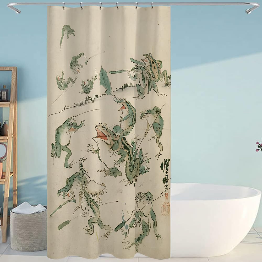 Funny Frog Shower Curtain Sets Battle of the Frogs Bathroom Curtain Asian Japanese Retro Art Curtain for Bath Waterproof Fabric with 6 Hooks (Battle Frog / 36"W x 72"L (Pack of 1))