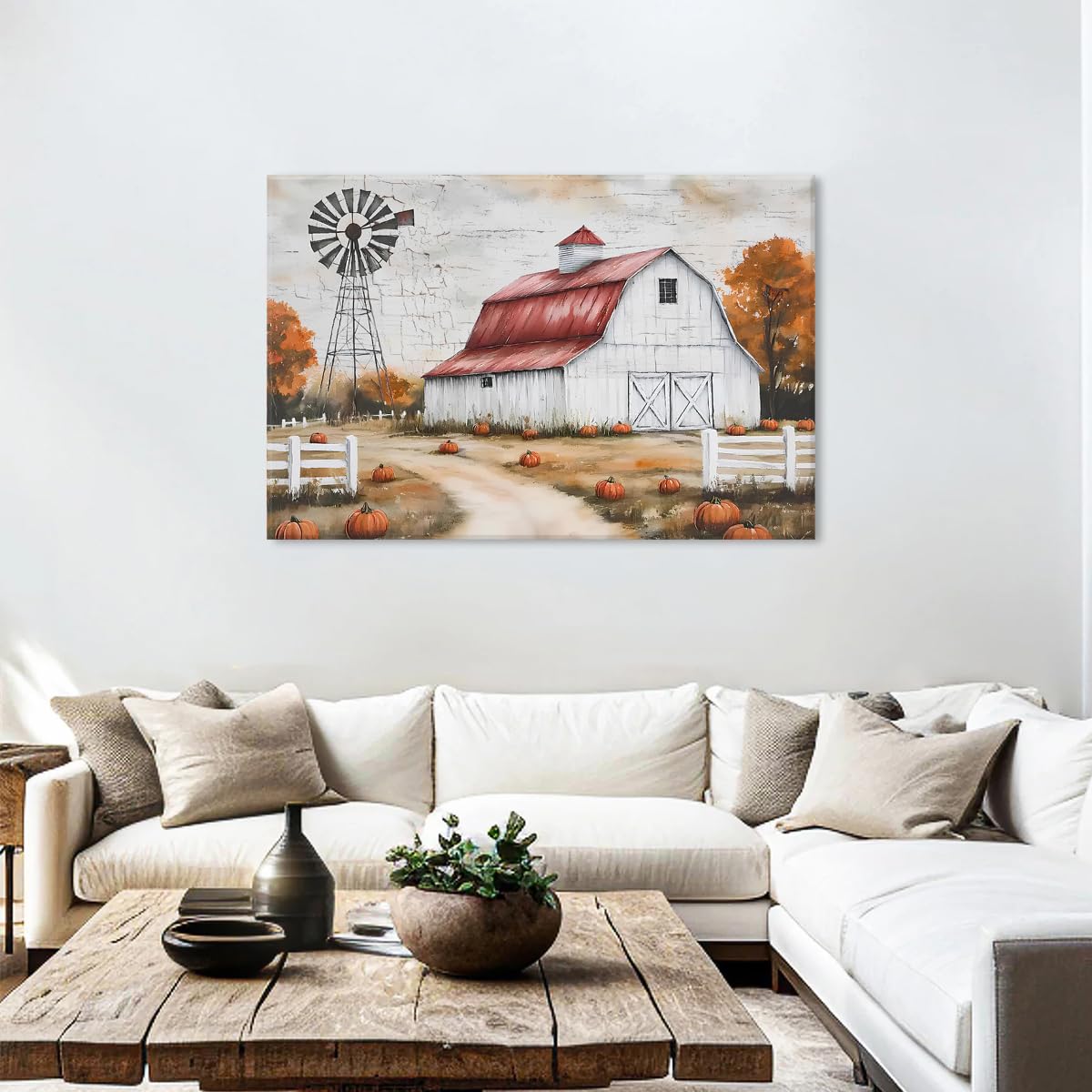 Large Fall Country Landscape Wall Art Farmhouse Barn Windmill Pictures Autumn Wall Decor for Living Room Kitchen Bedroom 32x48” (48"L x 32"W / Pumpkin4)
