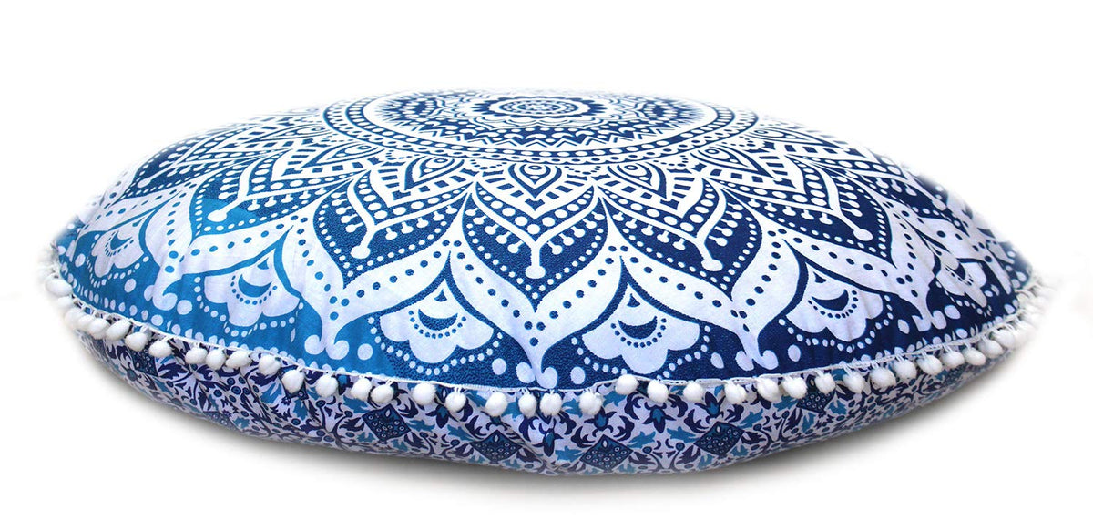 32" Large Round Bohemian Floor Pillow Cover Boho Pouf Cover Mandala Meditation Room Pillows Cover Adults Seating Poufs Cushion Cover for Kids Reading Playroom Blue Ombre (Blue Ombre)