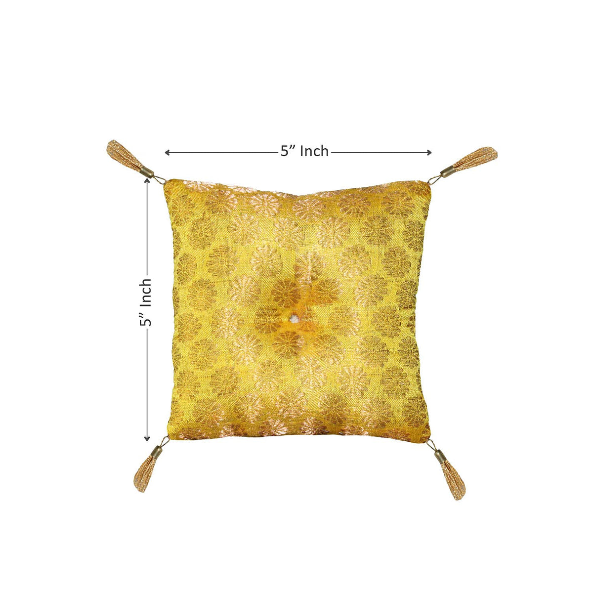 Cushion for Tibetan Singing Bowl Handmade Square Cushions Brocade Art Silk Home Decor Jewelry Display Pillow (5" x 5" Inch / Yellow)