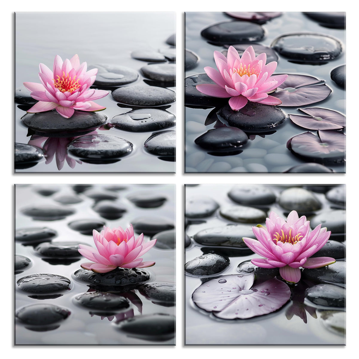 4Pcs Zen Pink Water Lily Black Stones Framed Canvas Art Botanical Floral Print Modern Spa Art for Home Decor (16X16inchX4 / Water Lily)