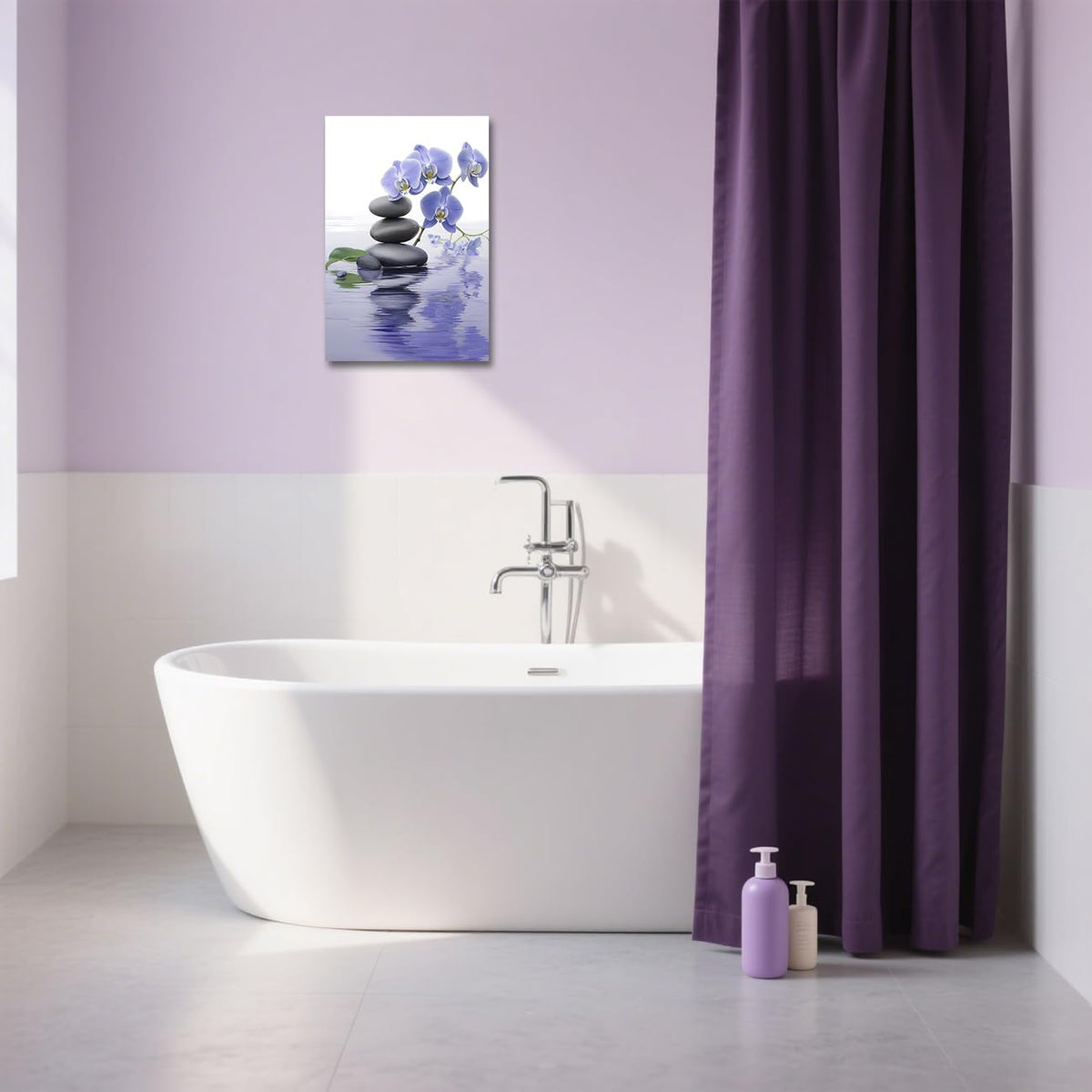 Zen Bathroom Wall Art Orchid Flower with Zen Stones Pictures Spa Painting Still Life Canvas Prints for Meditation Spiritual Room Decor Framed (Purple / 30L" x 20W")
