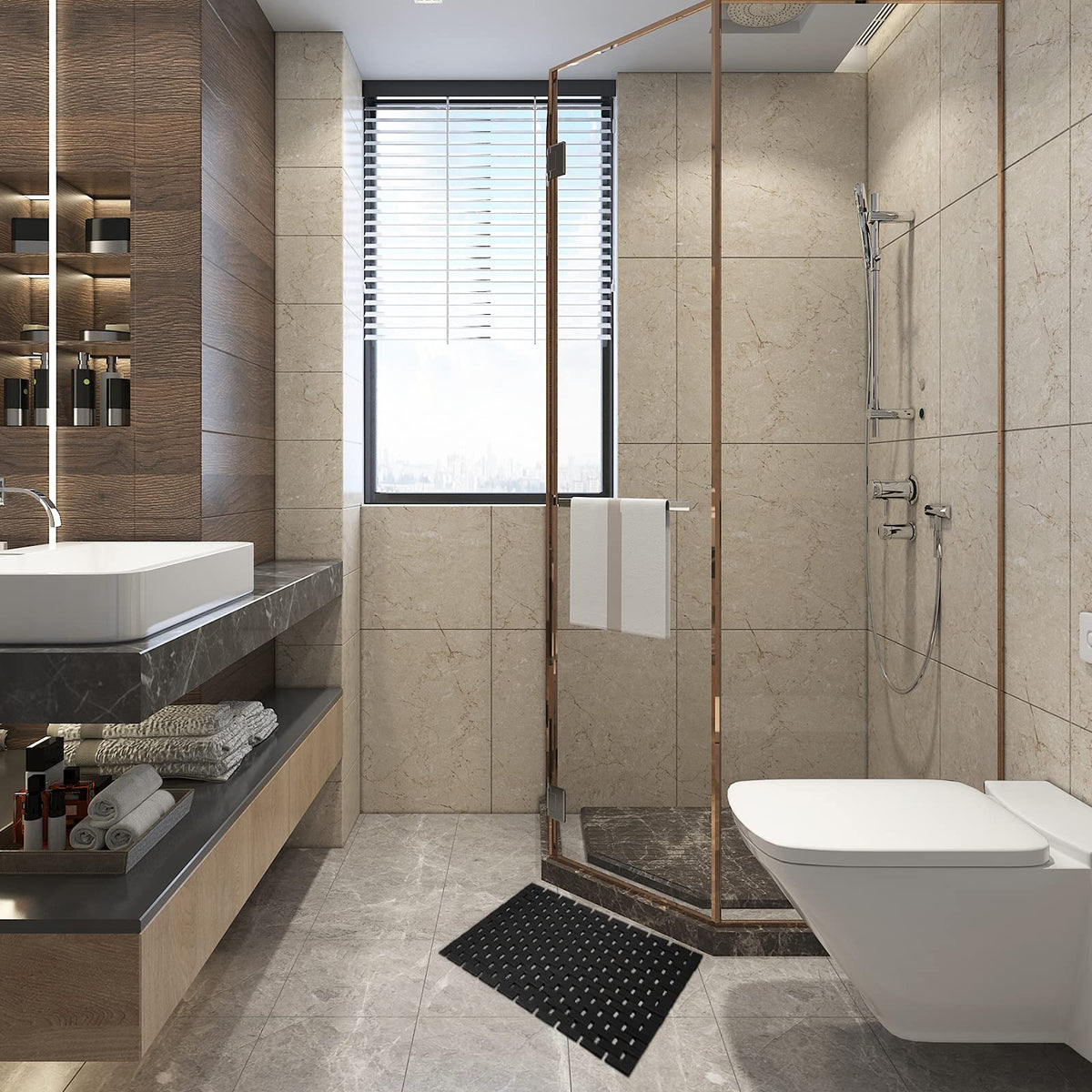 Rayon derived from Bamboo Bath Mat Bathroom Rugs Floor Wood Shower Bathtub Waterproof Non Slip Accessories 16x24 Inch Easy to Clean (Black / 16x24 Inch-1 pc)