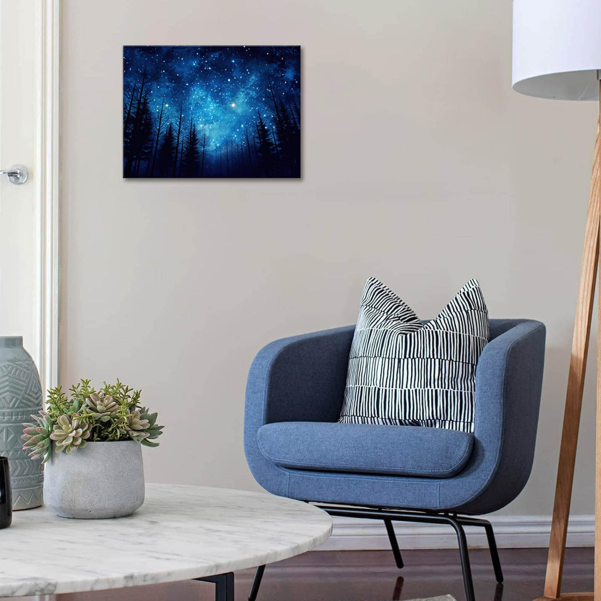 Blue Starry Night Forest Tree Silhouette Canvas Wall Art Nature Picture Prints for Bathroom Bedroom Living Room Kitchen Office Home Decoration Framed Ready to Hang 12" x 16" (16"L x 12"W / Forest 02)