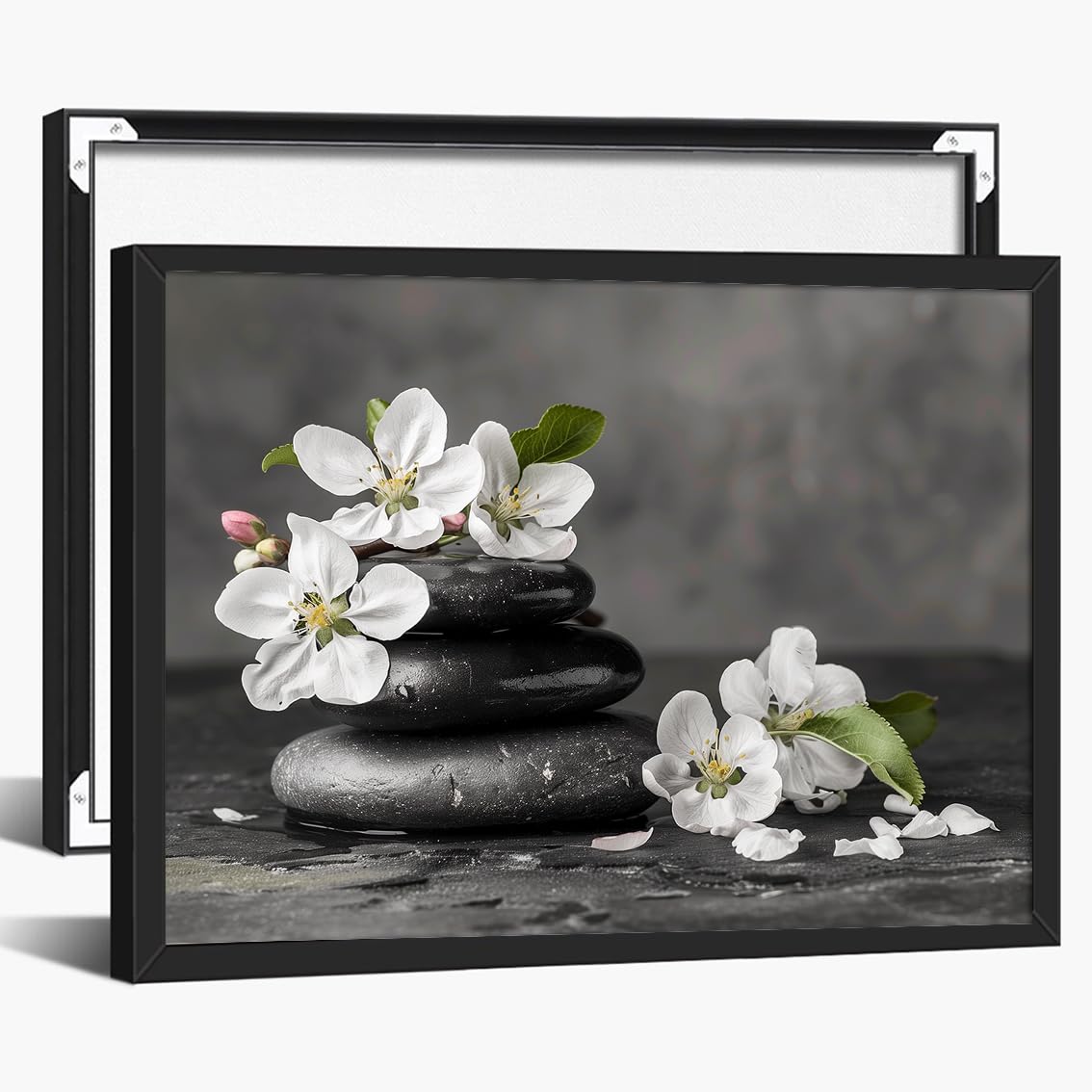 Zen Black Stones and White Flowers Wall Art (Black Aluminum Frame-9 / 20"L x 30"W)