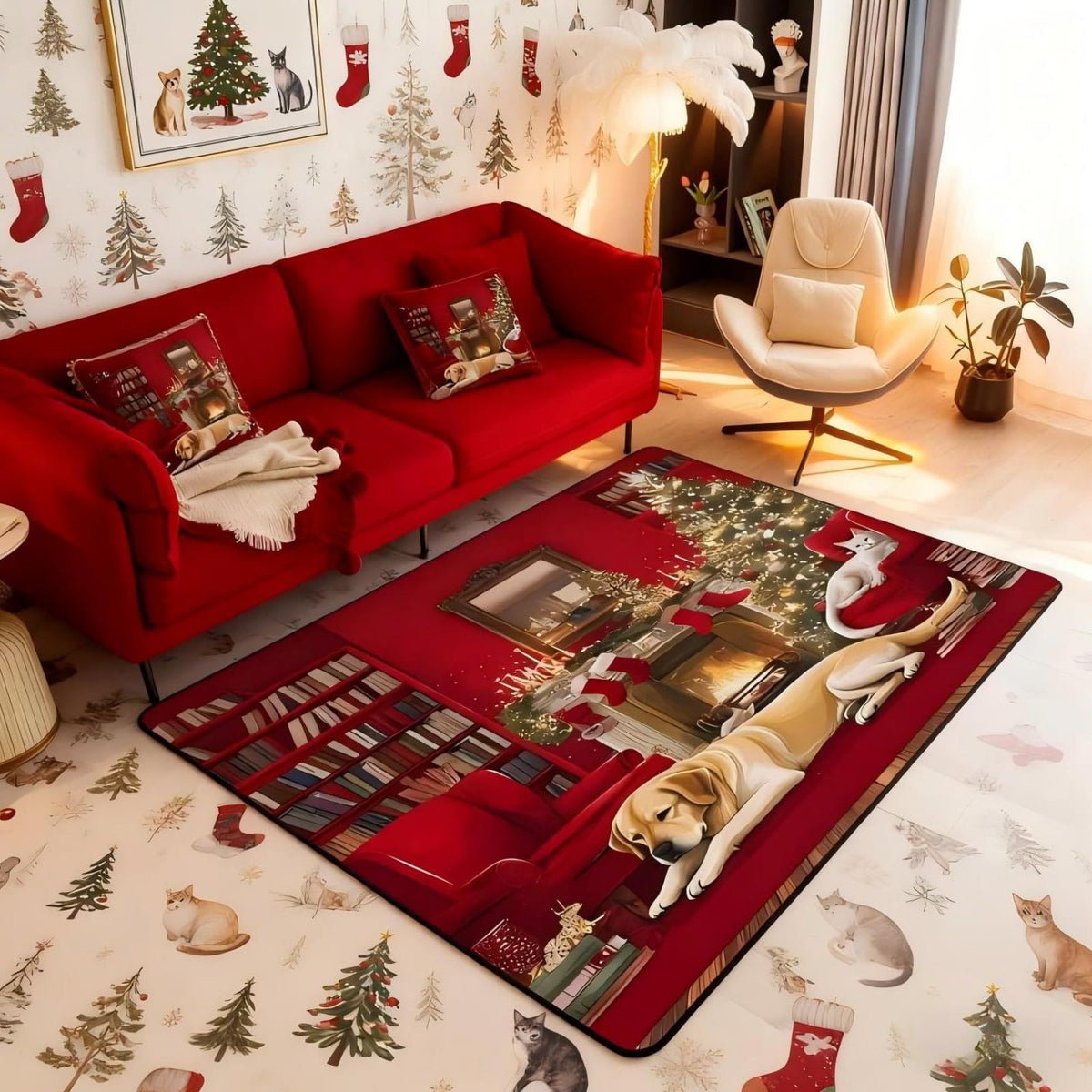 Merry Christmas Area Rug 3x5 Puppy Christmas Tree Rugs for Living Room (Red Green White / 3'3" x 4'11" (Rectangular))
