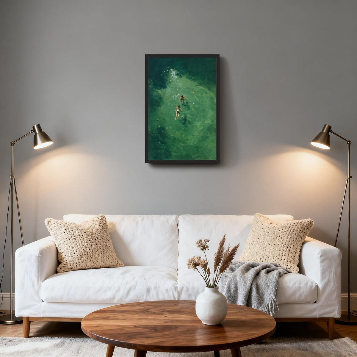 Black Framed Swimmers Wall Art Swimming in Green Abstract Canvas Poster Aerial View Summer Ocean Painting Print Minimalist Relaxing Coastal Artwork for Bedroom Beach House Decor 12x18inch (12"L x 18"W / Swim - Black Frame)