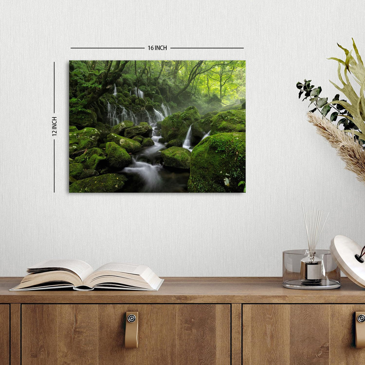 Waterfall Canvas Wall Art for Living Room Nature Forest Picture Wall Decor Foggy Mountain Landscape Painting Prints Green Moss Scenery Poster Stream Artwork Home Bedroom Office Decorations 12x16” (16"L x 12"W / STREAMFORT)