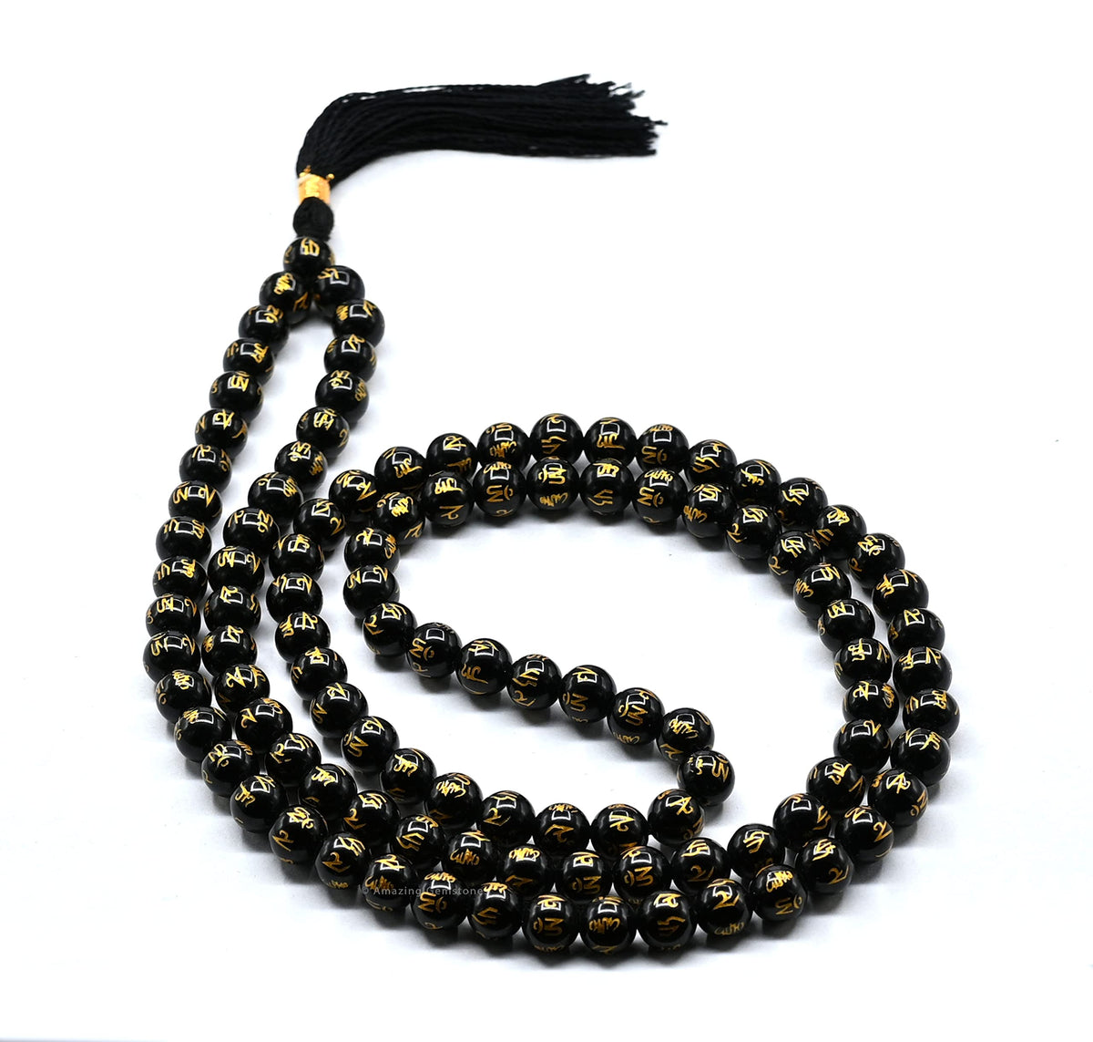 Black Agate Om Mani Padme hum Buddhist Prayer Beads Japa Mala with 108 Meditation Beads (Without Knots / Black Agate (Om))