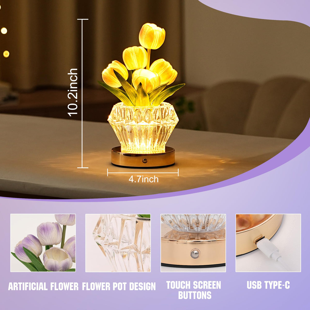 Purple Tulip Flower Lamp Night Light Gifts for Women Mom Grandma (TULIP-Purple)