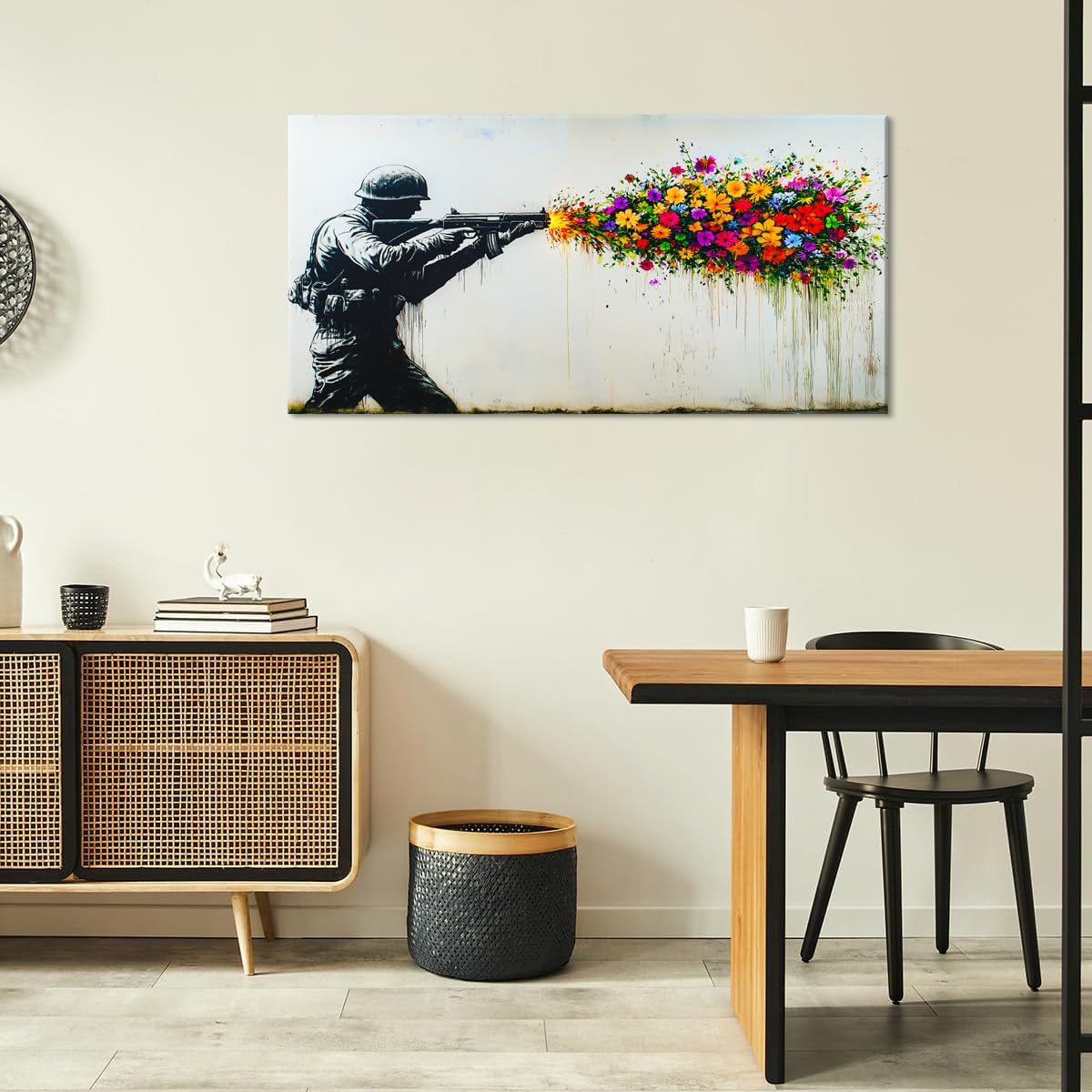 Black Soldier with Colorful Flower Wall Art for Living Room Office Peaceful Urban Contemporary Painting Prints Banksy Style Canvas Artwork Dining Bedroom Decor (Contemporary / Colorful Soldier Flower Wall Art / 40"L x 20"W)