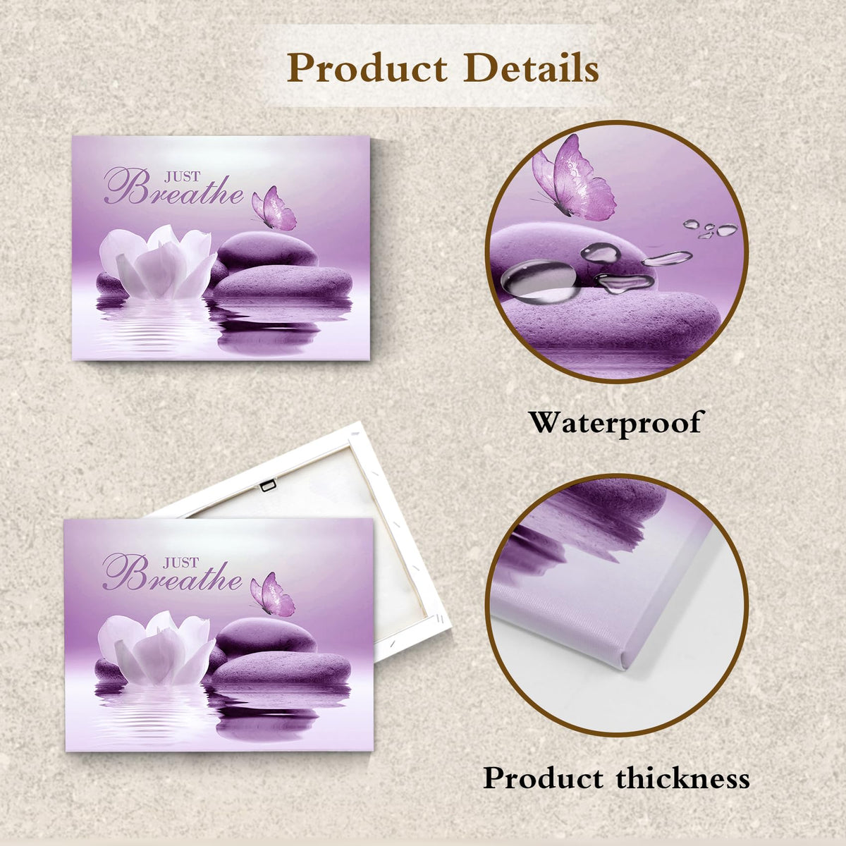 Zen Canvas Wall Art Bathroom Purple Butterfly and Flower Stone Relaxing Just Breathe Framed Wall Art Yoga Spa Office Calming Pictures Canvas Wall Decor for Living Room Bedroom (12"L x 16"W / Purple)
