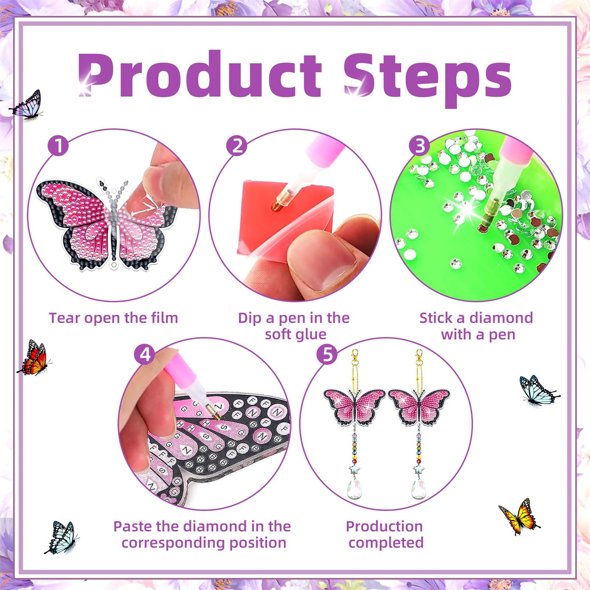 6 Pcs Diamond Painting Butterfly Wind Chimes Kits 5D DIY Crystal Diamonds Painting Suncatcher Christmas Ornament Double Sided Diamond Art Keychains Pendant Best Gifts for Mom (Vivid butterfly)