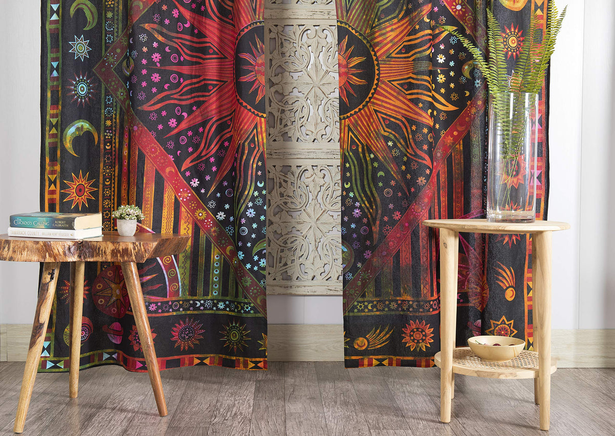 100 Inch Length 2 Panels Set Indian Burning Sun Hippie Mandala Window Curtains (42"W x 100"L (Pack of 2) / Golden Tie Dye)