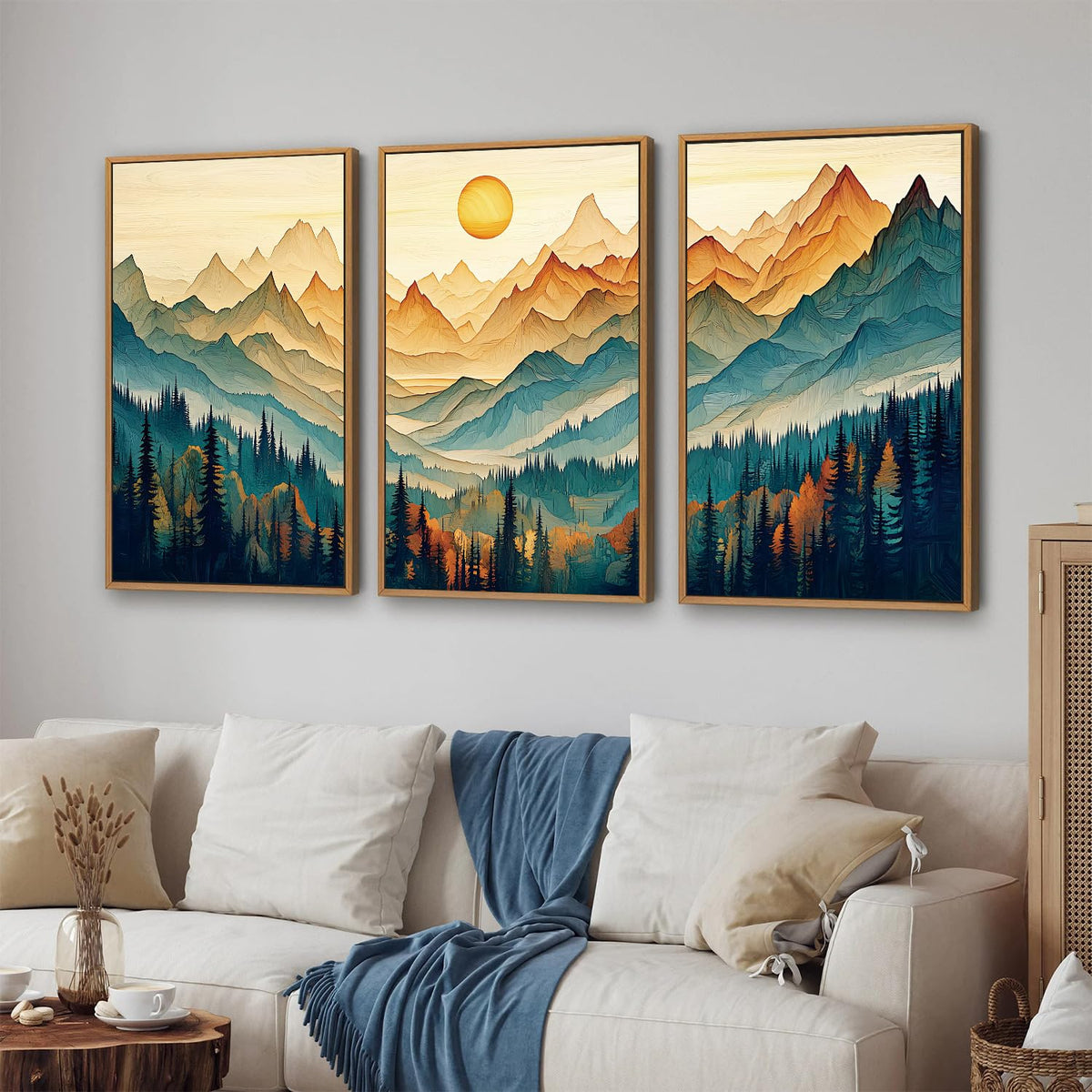 Large Mountain Framed Canvas Wall Art Set of 3 (Boho Mountains / 36"L x 24"W)