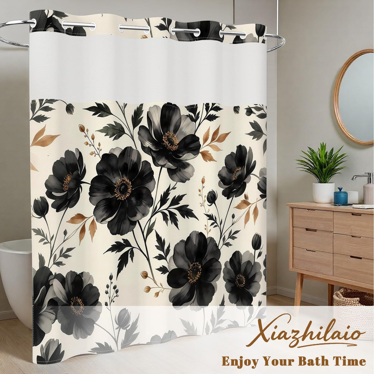 Black Floral Shower Curtain with Snap in Liner (Black Floral)