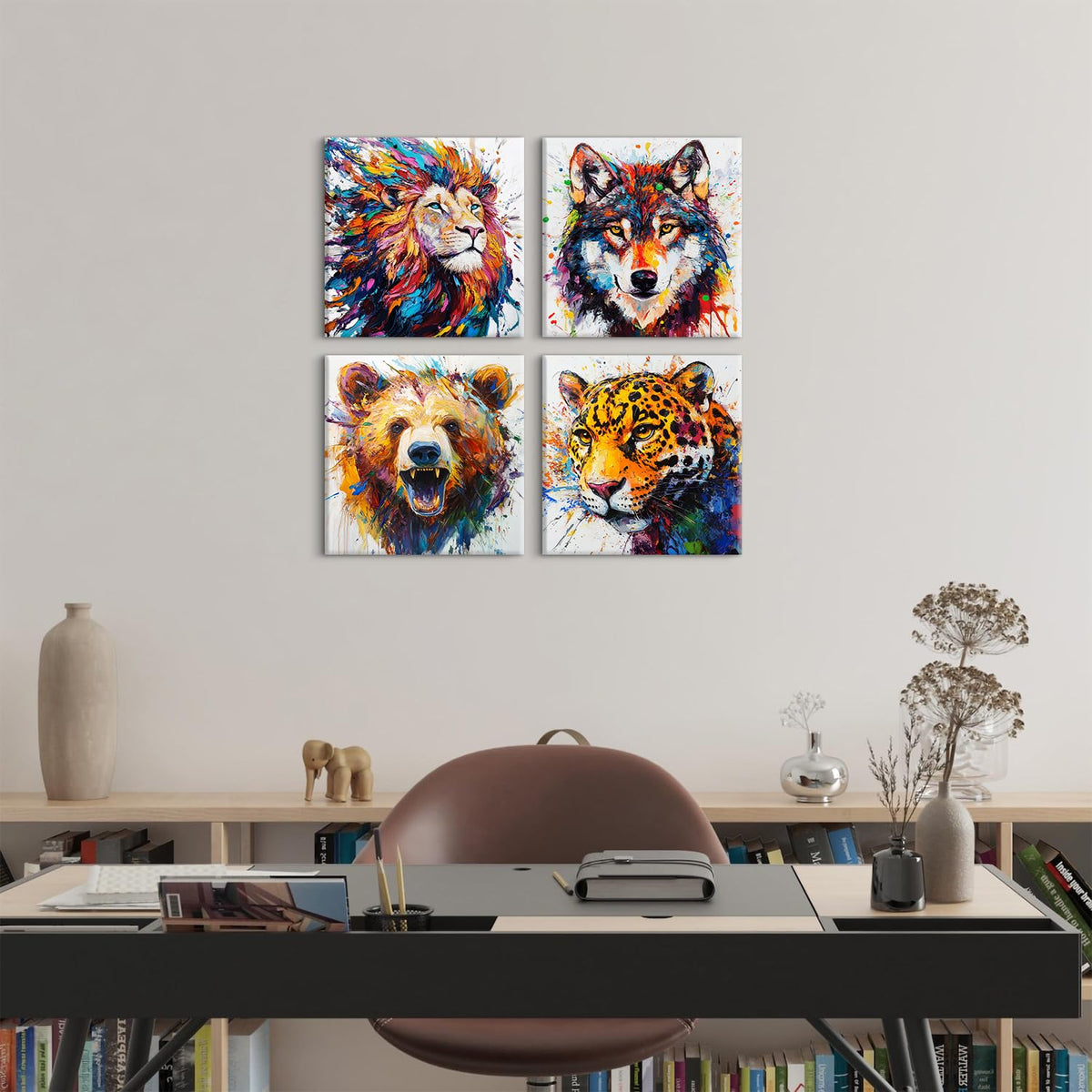 Animal Canvas Wall Art Boys Room Decor Abstract Colourful Lion Wolf Bear Tiger Pictures Kids Bedroom Watercolor Graffiti Animals Posters Nursery Paintings Toddler Artwork Framed Decorations 12x12”4Pcs (12"L x 12"W / Animal)