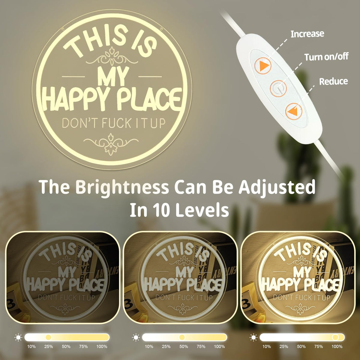This is My Happy Place don't F it up Neon Sign Dimmable Funny Farmhouse Led Sign This Is My Happy Place Sign Humorous Neon Lights for Home Garden Bar Wall Decor (HappyPlace)