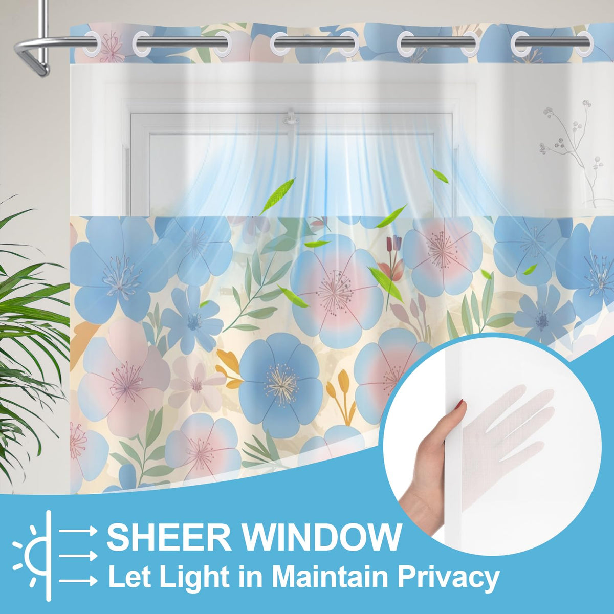 No Hook Shower Curtain and Liner Set (Blue Yellow)
