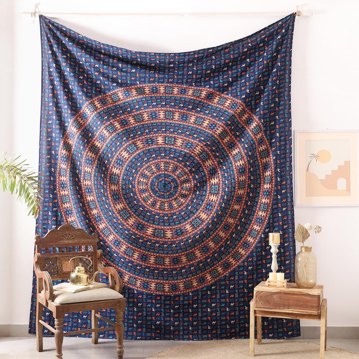 Queen Mandala Hippie Hippy Camel Ethinic Psychedelic Tapestry Wall Hanging (105L" x 81W" / Camel Tarquoise Orange)