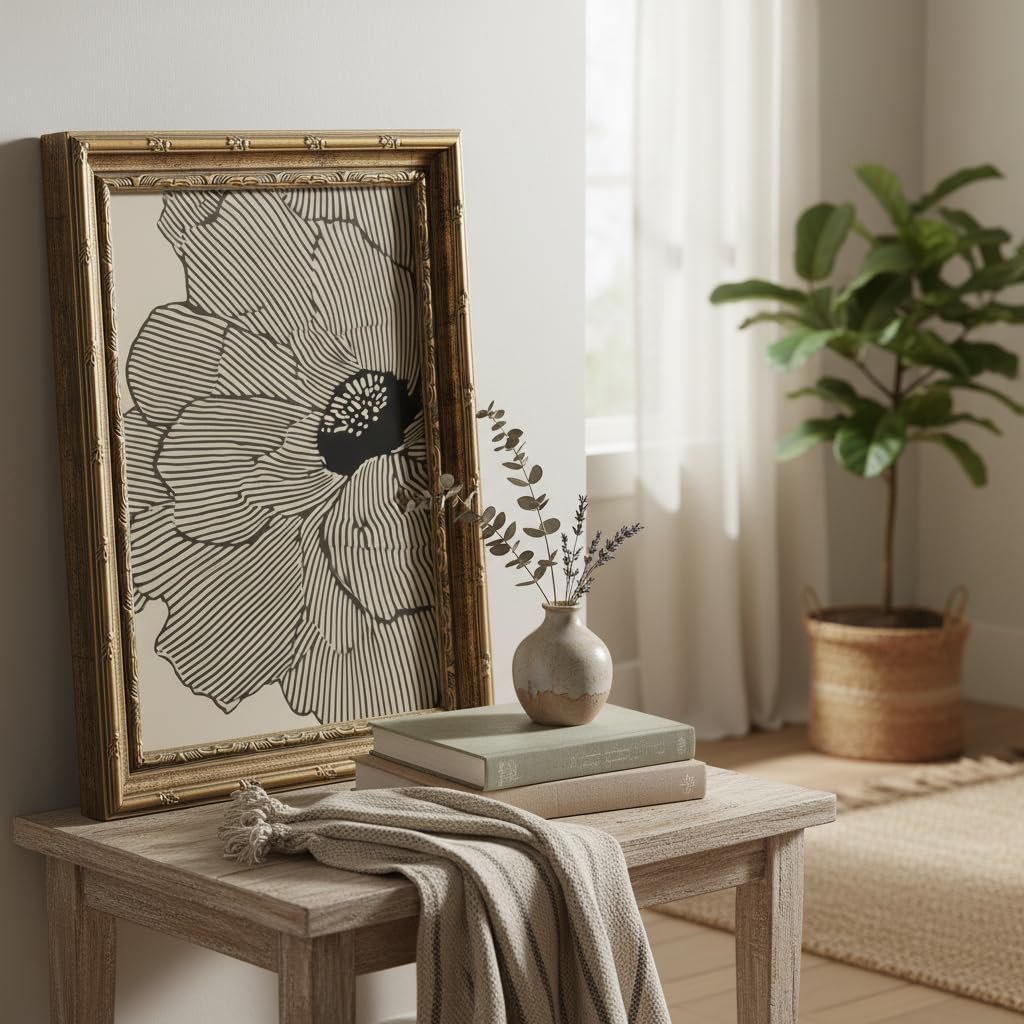 Vintage Gold Framed Wall Art (Linear Floral / 24"L x 16"W)