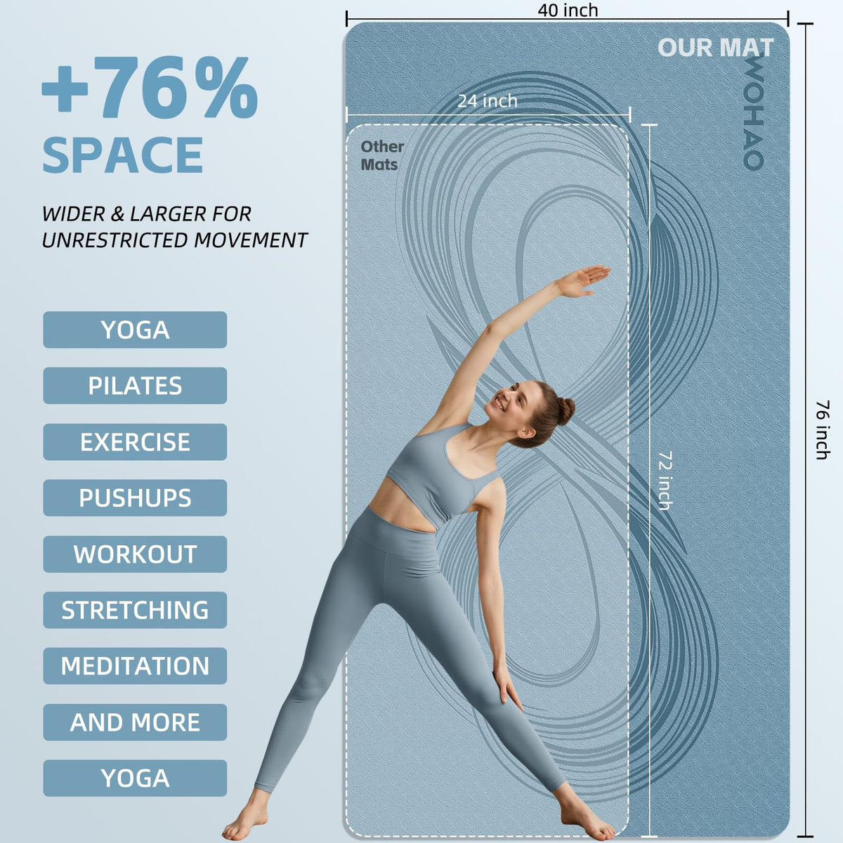 Large 76"x40"x0.4" Yoga Mat (Blue Grey)