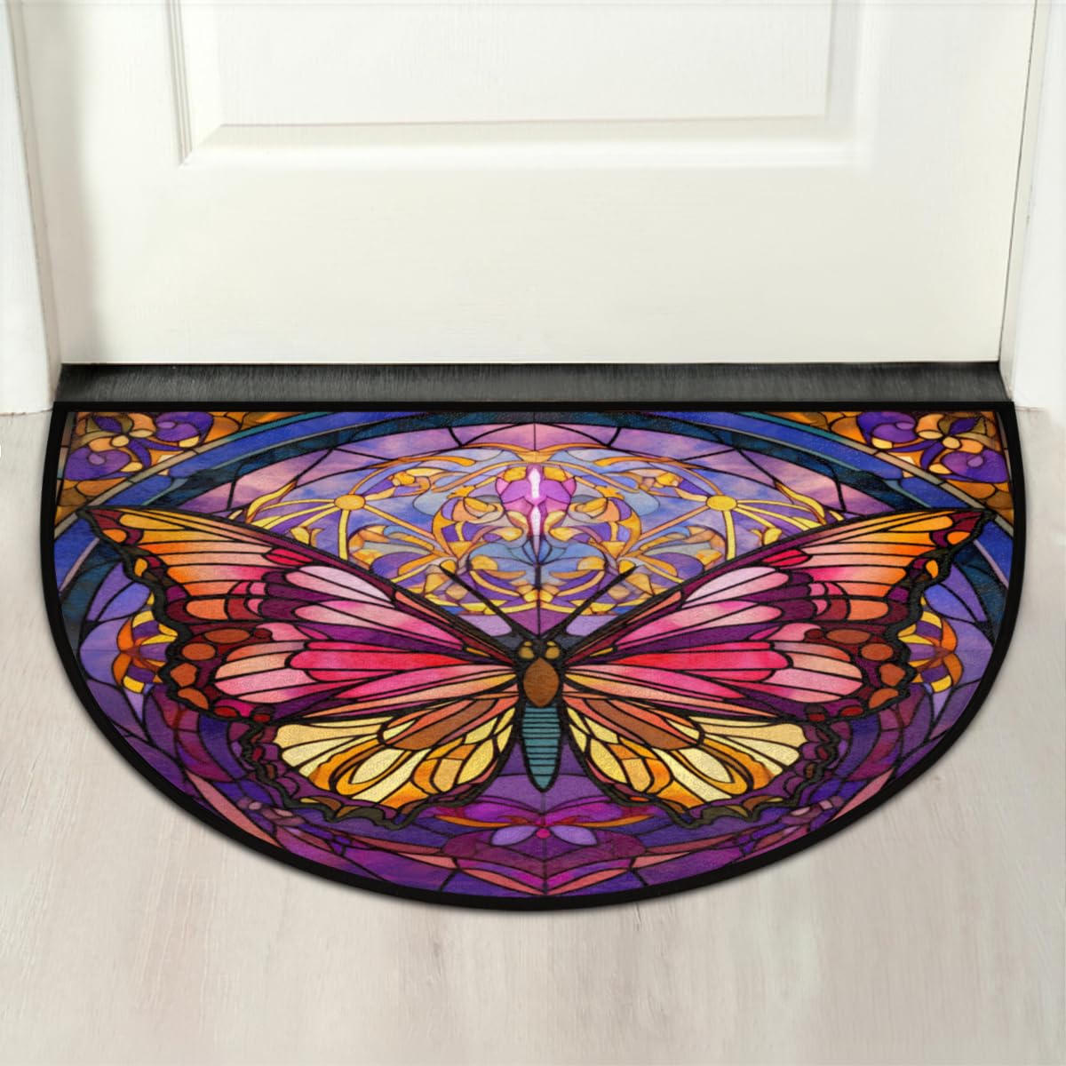 Butterfly Half Round Doormat Non Slip Half Moon Rug Outdoor Welcome Mat (B 013)