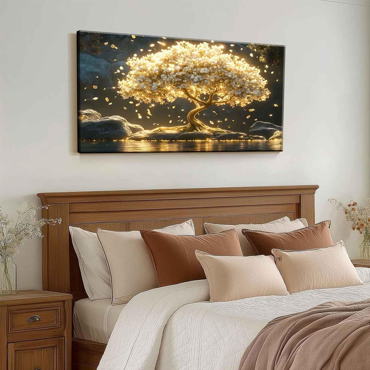 Large Tree of Life Canvas Wall Art Abstract Gold Tree Mountain Lake Decor painting Pictures Nordic Golden White Flowers Posters Prints for living room Bathroom Bedroom Office Hallway Home Decoration (Tree / 48"L x 24"W)