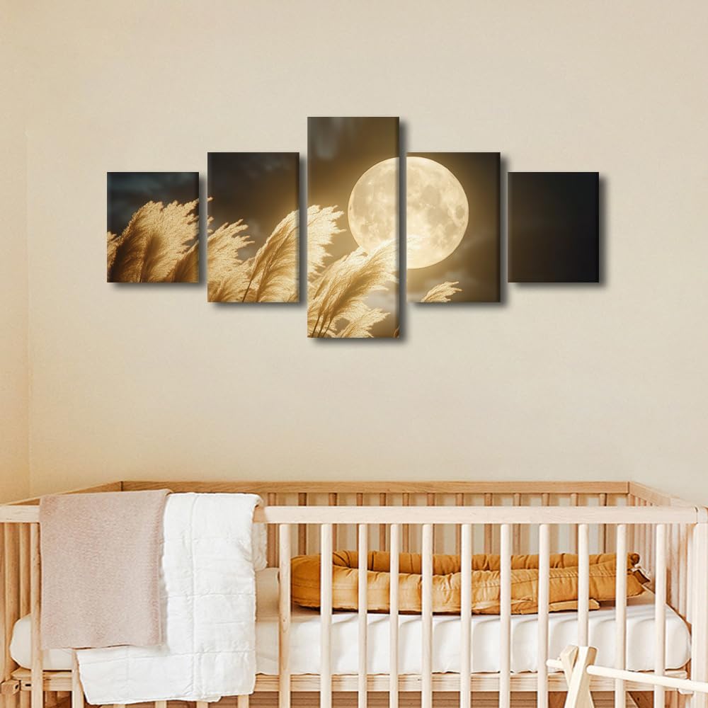 Canvas Wall Art Moonlit Meadow Serenity Five Panel Framed Painting Nocturnal Landscape Decor Modern Nature Wall Art Rustic Farmhouse Decor Ready To Hang 50"Wx24"H (50''Wx24''H / Artwork-14)
