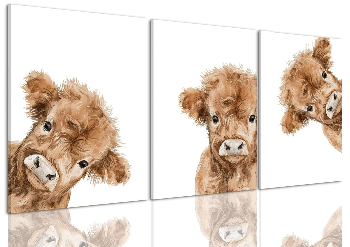 3 Piece Cute Highland Cow Canvas Wall Art Nursery Funny Animal Framed Wall Art Baby Cow Pictures Wall Decor Kids Animals Art Prints for Children's Room Bedroom 12"x16" (Highland bull / 12x16in)