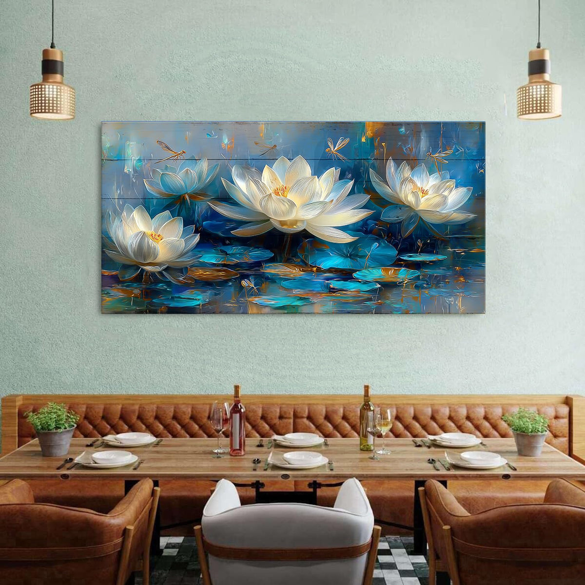 Abstract Flower Wall Art Navy Blue and White Lotus Flowers Wall Decor Zen Canvas Picture Colorful Floral Dragonfly Poster Print Country Bouquet Painting Artwork for Yoga Living Room Decorations 30x60 (57.8"L x 30"W / Lotus Flower)