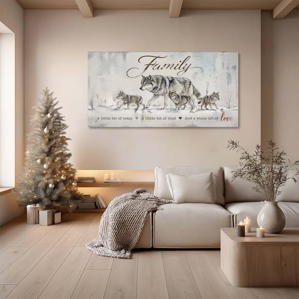 Wolf Family Canvas Wall Art Rustic Farmhouse Winter Wildlife Painting with Inspirational Quote Flat Print Gallery Wrapped Artwork for Living Room Bedroom Bathroom Decor (Retro / Wolf Family 30 / 46"L x 23"W)