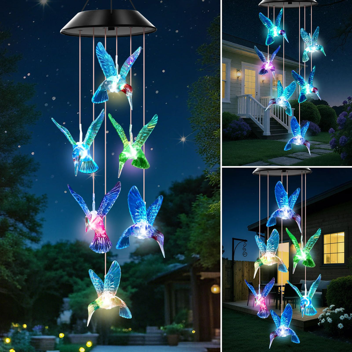 Blue Hummingbird Solar Wind Chimes Color Changing Lights Outdoor