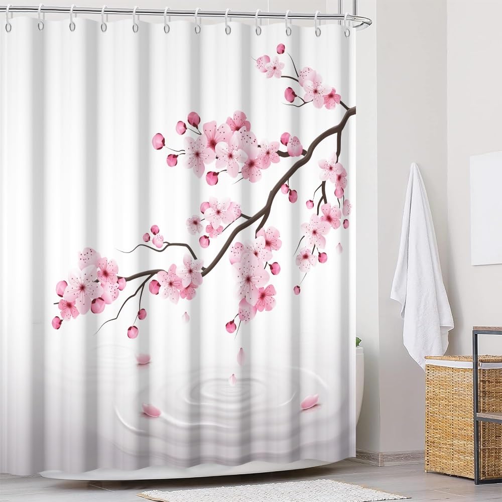 Cherry Blossom Shower Curtain Japanese Blooming Pink Floral Cherry Branch Bathroom Curtain Classic Japanese Culture River Ripple Flower Branch White Shower Curtains Set with Hooks 70x72 Inch (70"W x 72"L (Pack of 1) / Pink-35)