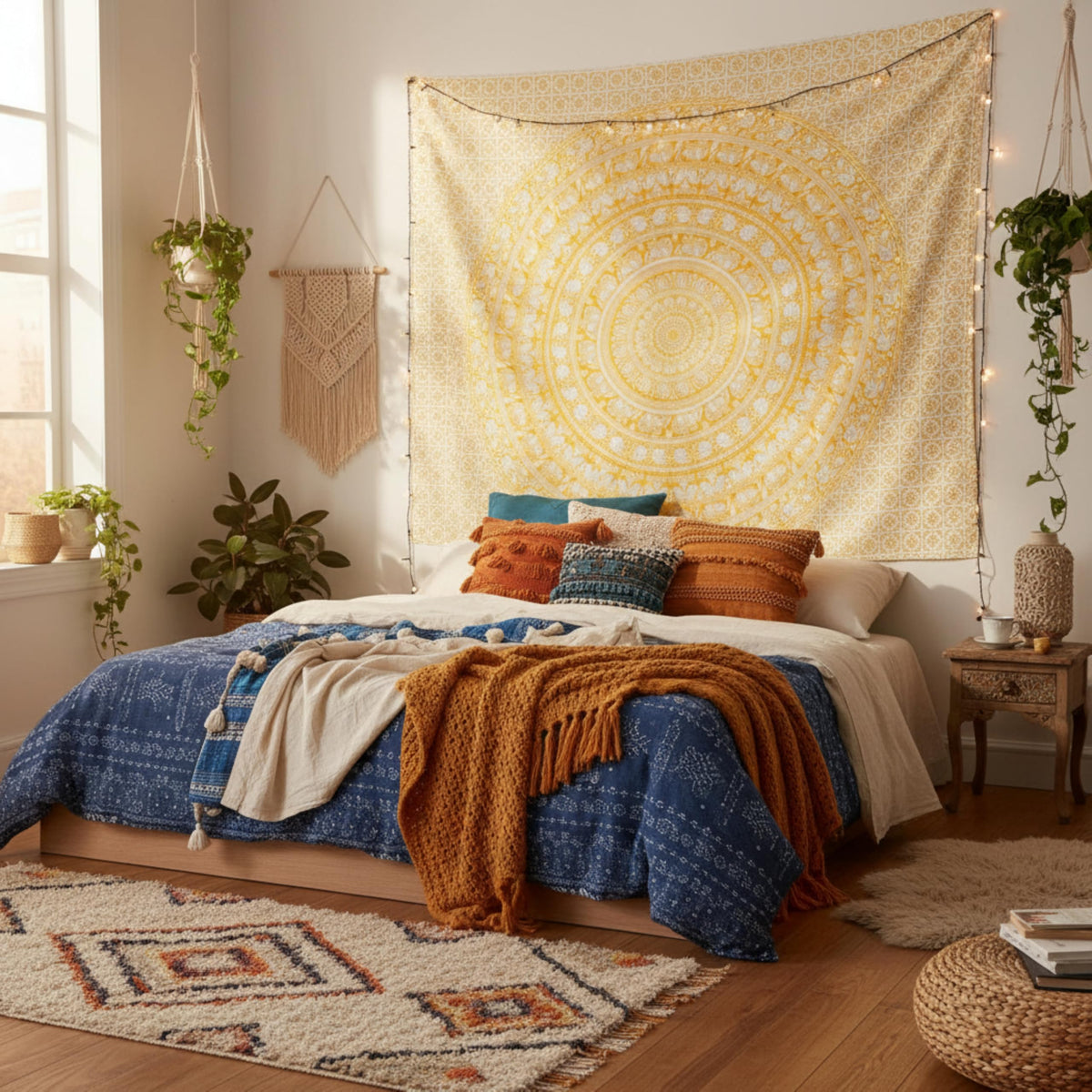 Cotton Mandala Tapestry (Yellow / 90"L x 108"W)