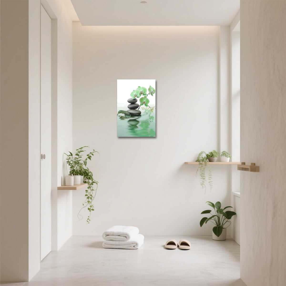 Zen Bathroom Wall Art Orchid Flower with Zen Stones Pictures Spa Painting Still Life Canvas Prints for Meditation Spiritual Room Decor Framed (Green / 42L" x 28W")