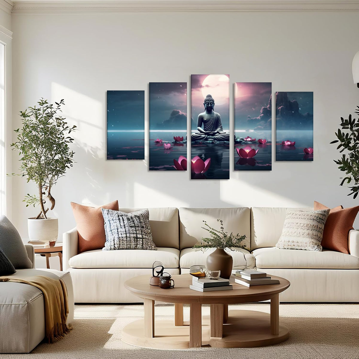 Buddha Canvas Wall Art 5 Piece Zen Wall Decor Pink Lotus Prints Meditation Picture for Yoga Spa Spiritual Room Home Decor Framed (80x40 inch / Picture-5)