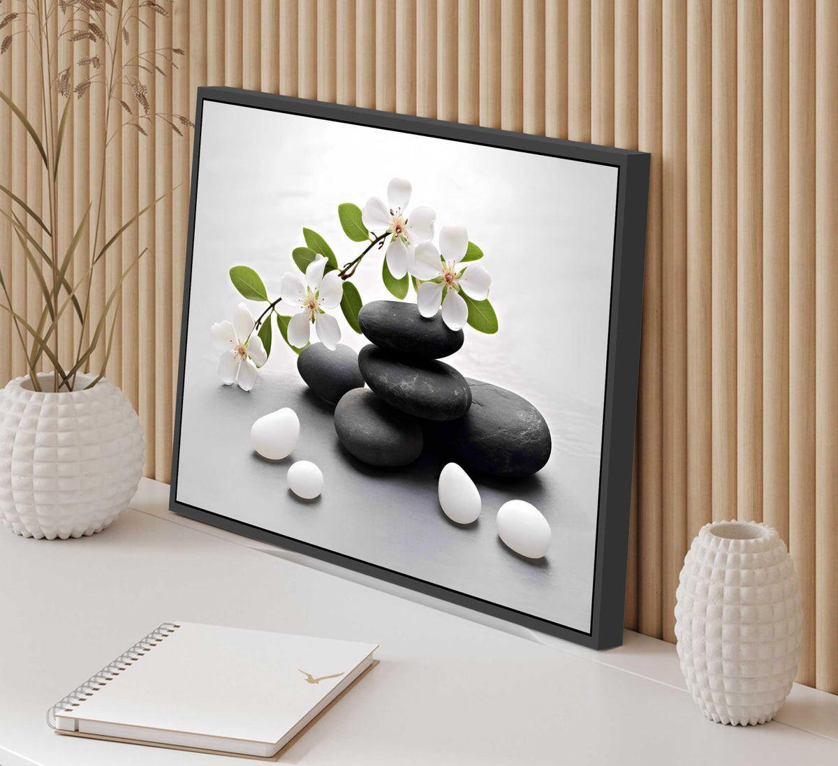 Framed Zen Stone Flower Canvas Wall Art Orchid Flower Black White Zen Stone Picture Wall Decor Still Life Poster Print Artwork for Bathroom Yoga Room Spa Room Meditation Room Office Home Decoration (Framed Stone / 10"L x 8"W)