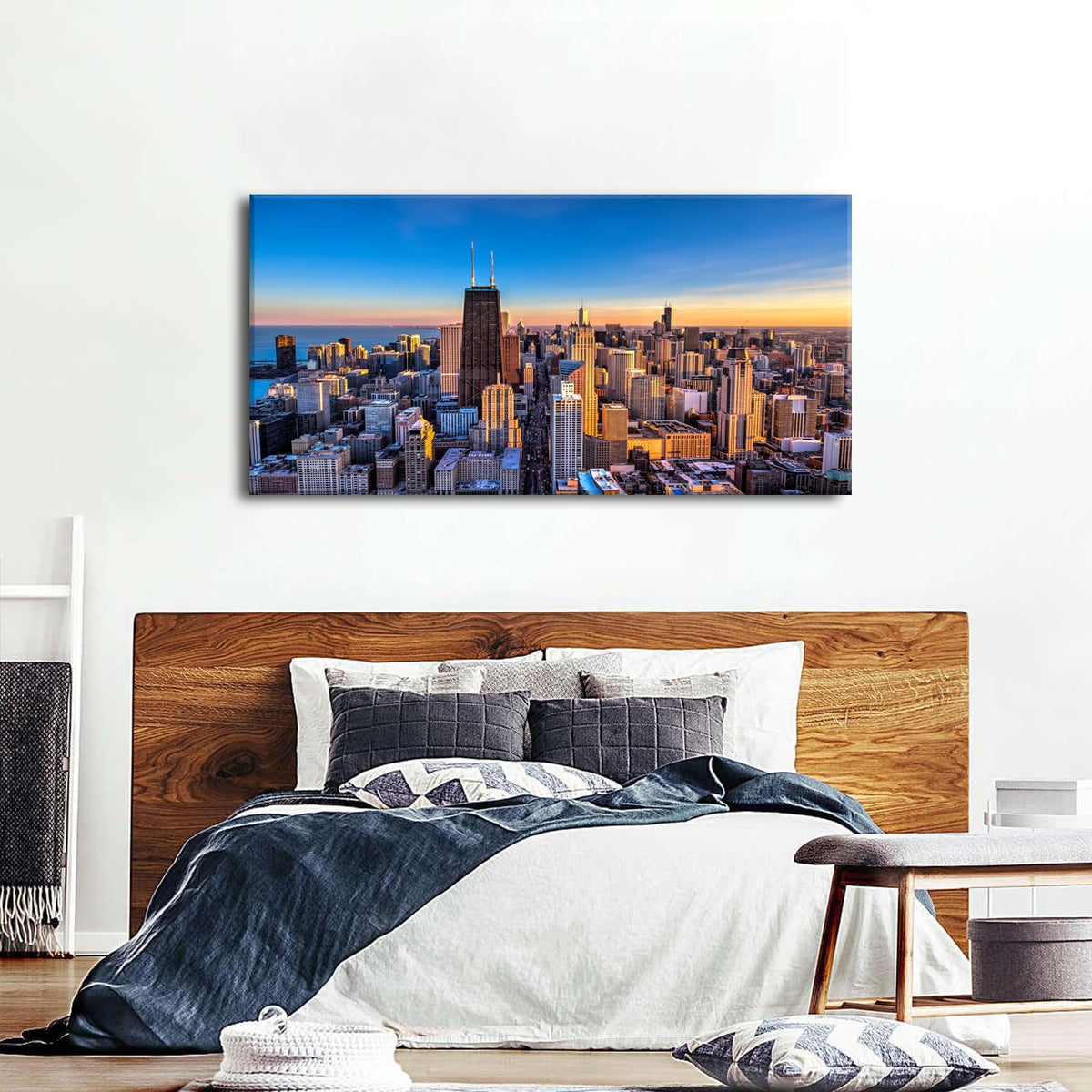Chicago Skyline Wall Art Chicago City Wall Decor Night Cityscape Canvas Prints Pictures City Skyscraper Painting Poster Modern Artwork for Kitchen Bedroom Living Room Home Decoration 24x48” (48"L x 24"W / Chicago)