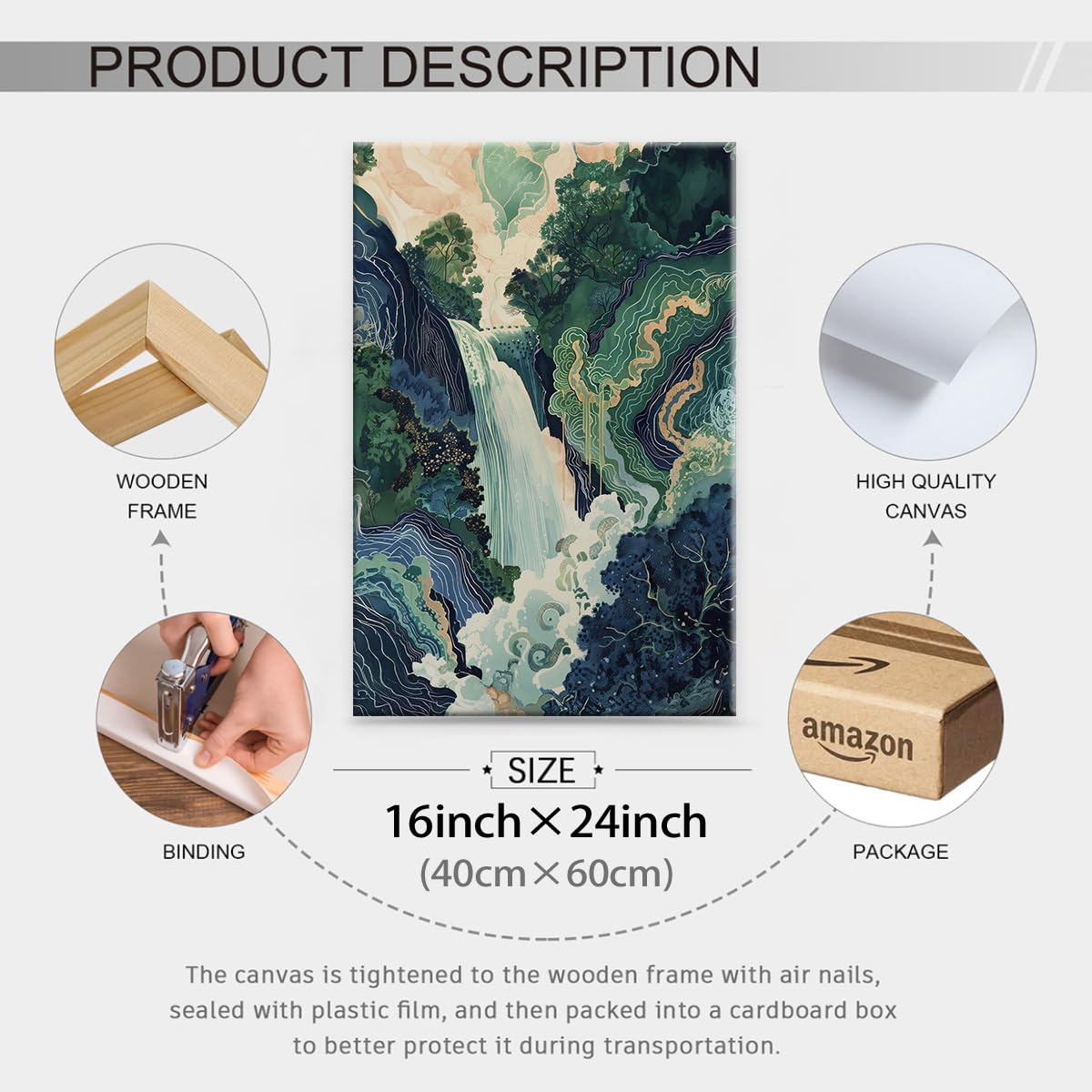Japanese Landscape Framed Prints Poster Abstract Nature Mountain Canvas Wall Art 16x24 inch Vintage Asian Waterfall Painting Ukiyo (Wrapped Canvas / Japanese Painting / 24"L x 16"W)