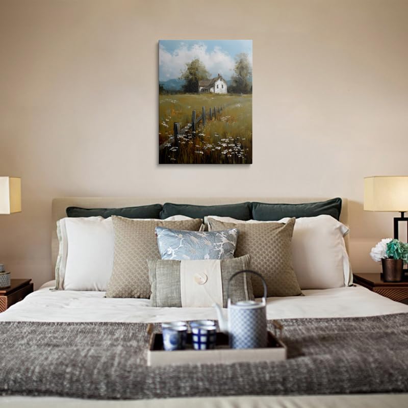 Calming Country Farmhouse Canvas Wall Art Framed Serene Landscape Painting White Farmhouse Wooden Fence Wildflowers Vintage Style Textured Brushstrokes Wall Decor Artwork Poster 16x24 Inches (wooden house / 24"L x 16"W)
