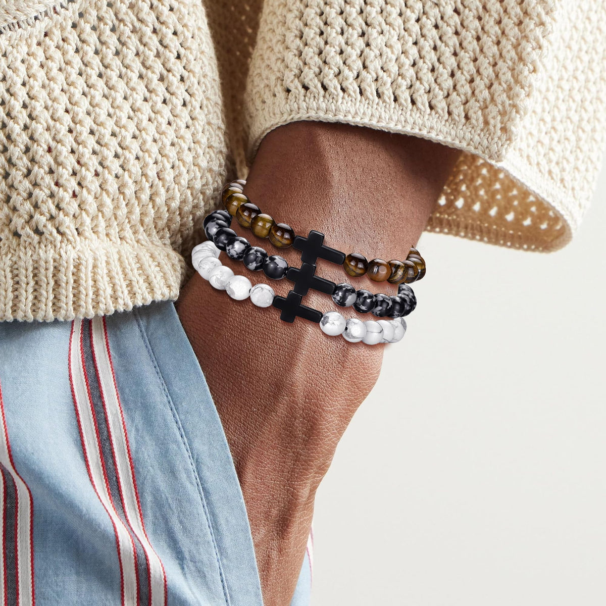 Mens Bracelets 8MM Natural Stone Beads Bracelet Set Stretch Adjustable Beaded Bracelets for Men (4,cross bracelet-A)