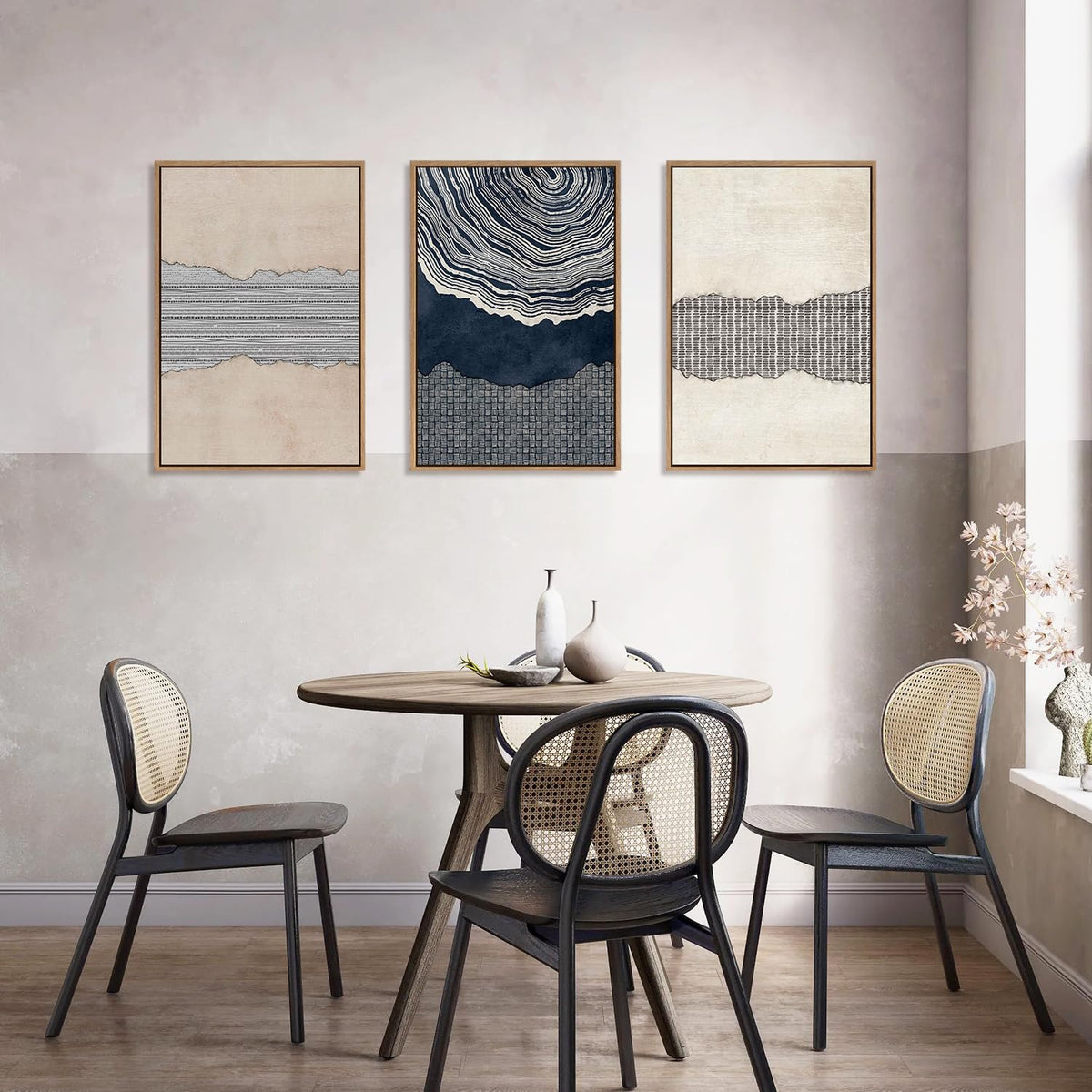Large Abstract Navy Blue Beige Framed Canvas Wall Art (Navy Blue Wall Art / 24''x36''x3)