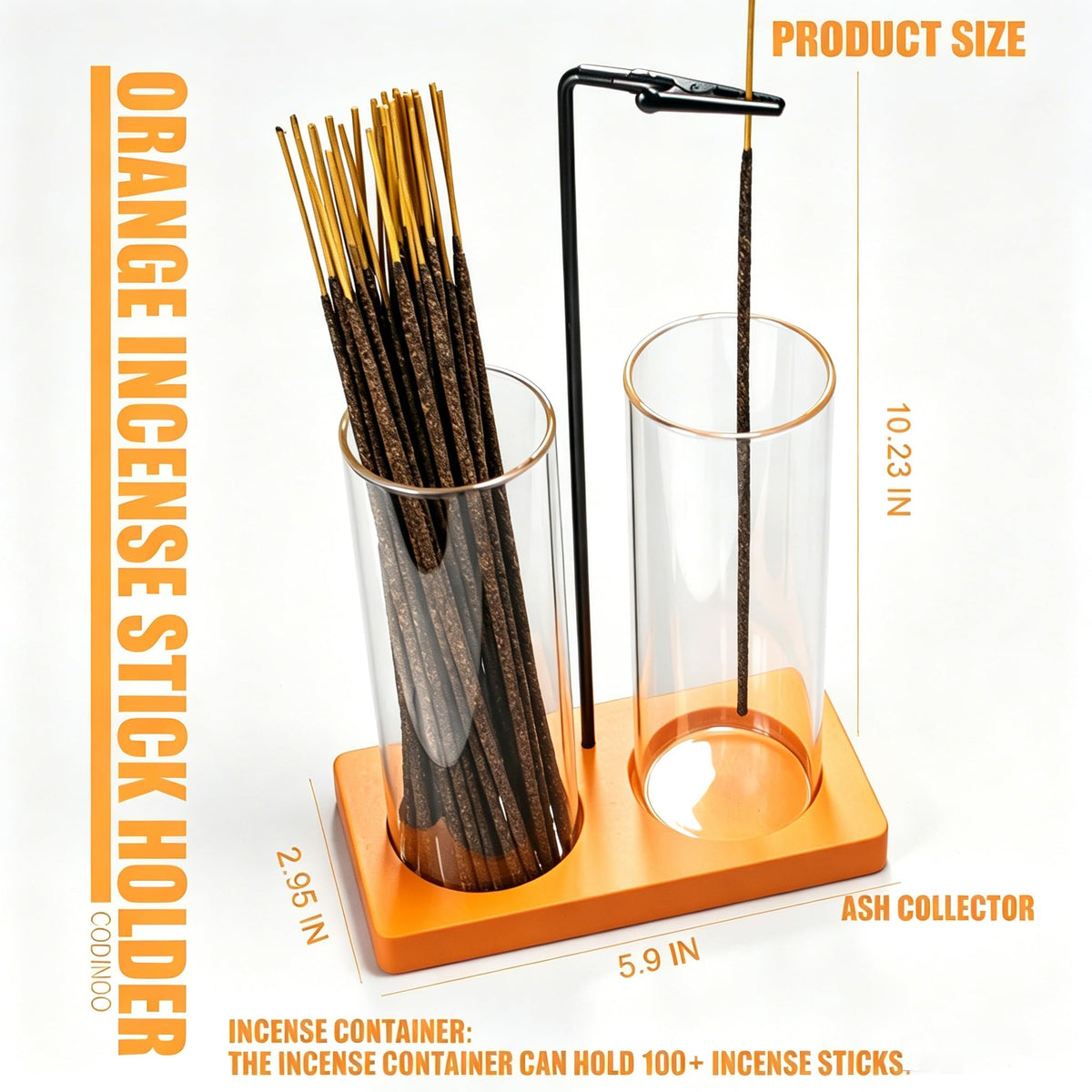 2 in 1 Incense Holder for Sticks Incense Burner Holder with Storage (Orange / 2 tall glass)