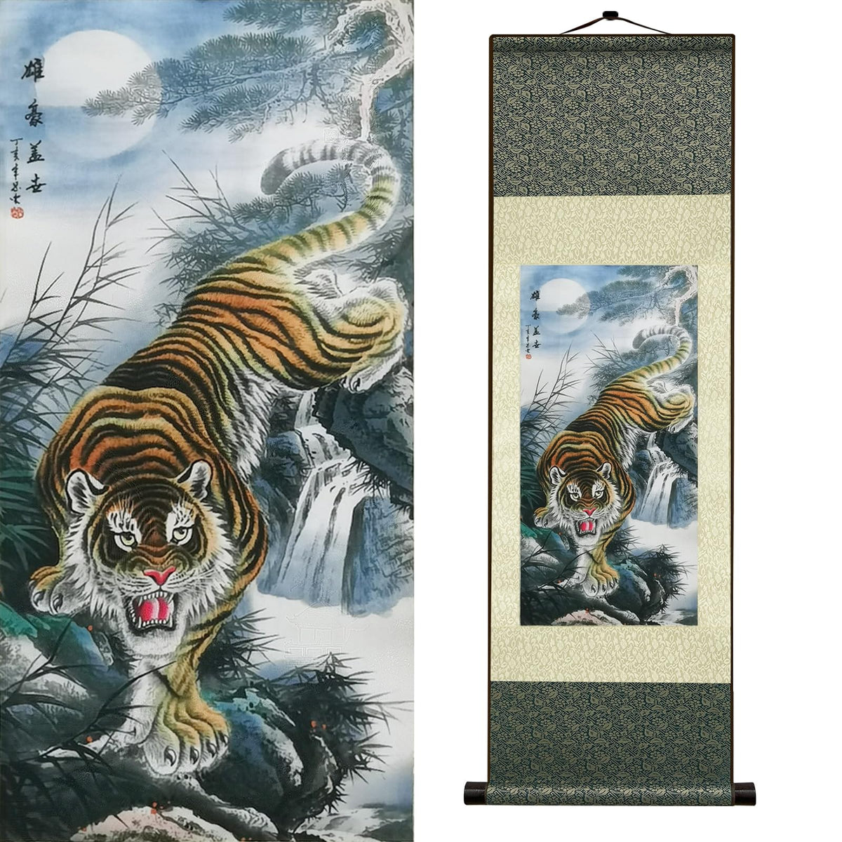 Zen Style Mountain Tiger Wall Art Silk Scroll Roaring Tiger Posters with Waterfall Backdrop Traditional Chinese Art Home Office Hotel Lobby Spa Room Decor 36x12 Inch (HJ-L003)
