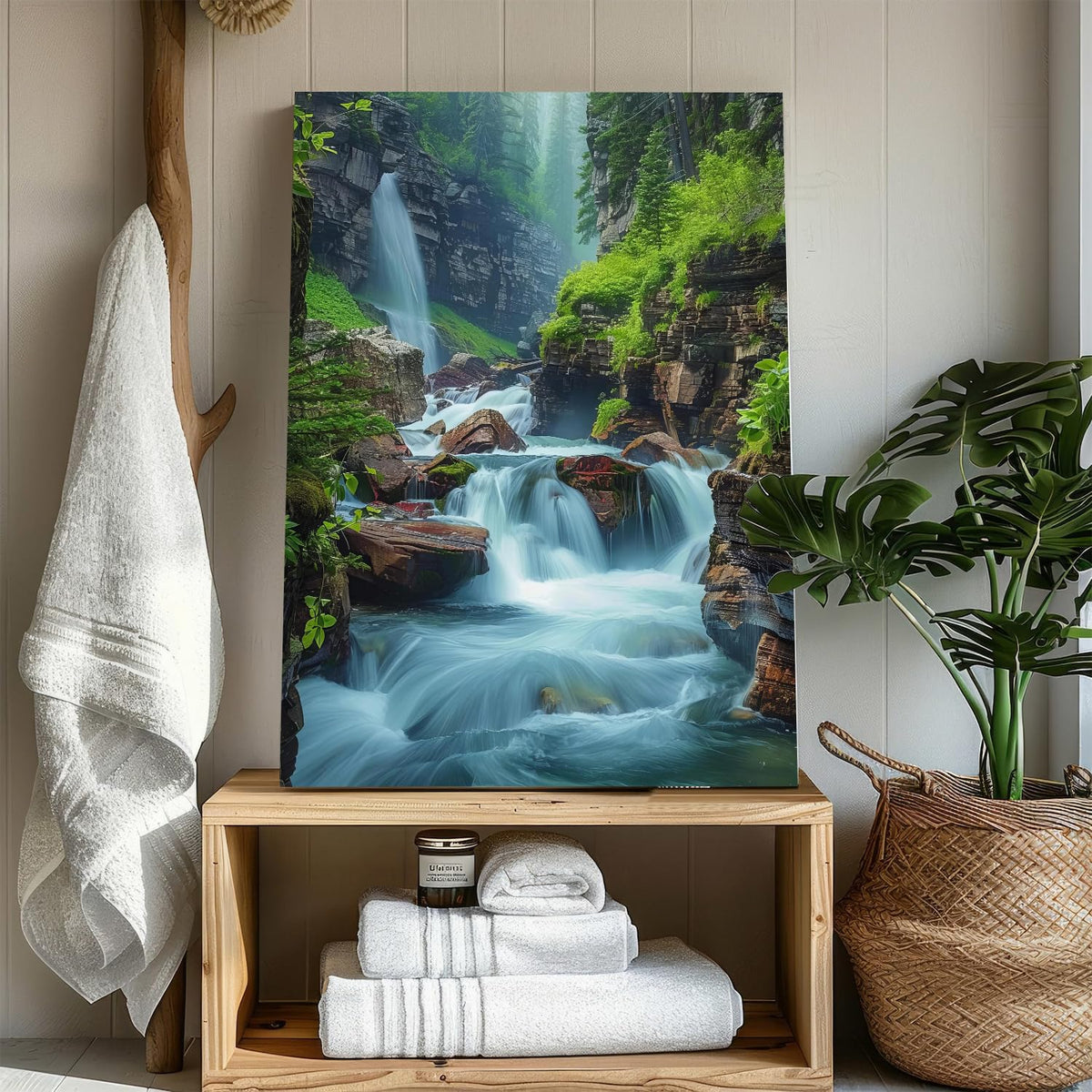 Nature Waterfall Landscape Wall Art Zen Wall Decor for Living Room Mountain Forest Pictures Glacier Virginia Falls Canvas Paintings Modern Scenic Poster Prints Artwork Home Bathroom Decorations 16x24” (16"L x 24"W / ZRPB06)