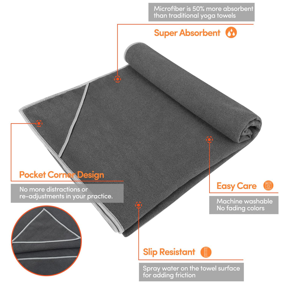 Yoga Towel for Hot Yoga Non Slip Extra Thick Yoga Mat Towel + Hand Towel 2in1 Set with Corner Pockets Super Absorbent and Quick Dry Hot Yoga Towel (Gray / 68" x 24")