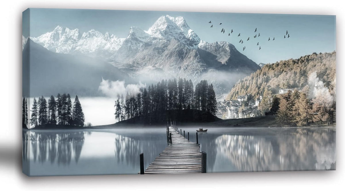 Large Lake Wall Art Mountain Picture Landscape Wall Decor Living Room Nature Canvas Painting Tree Print Scenery Poster Office Artwork for Bedroom Wall Art Home Decoration (Wlake / 60"L x 30"W)