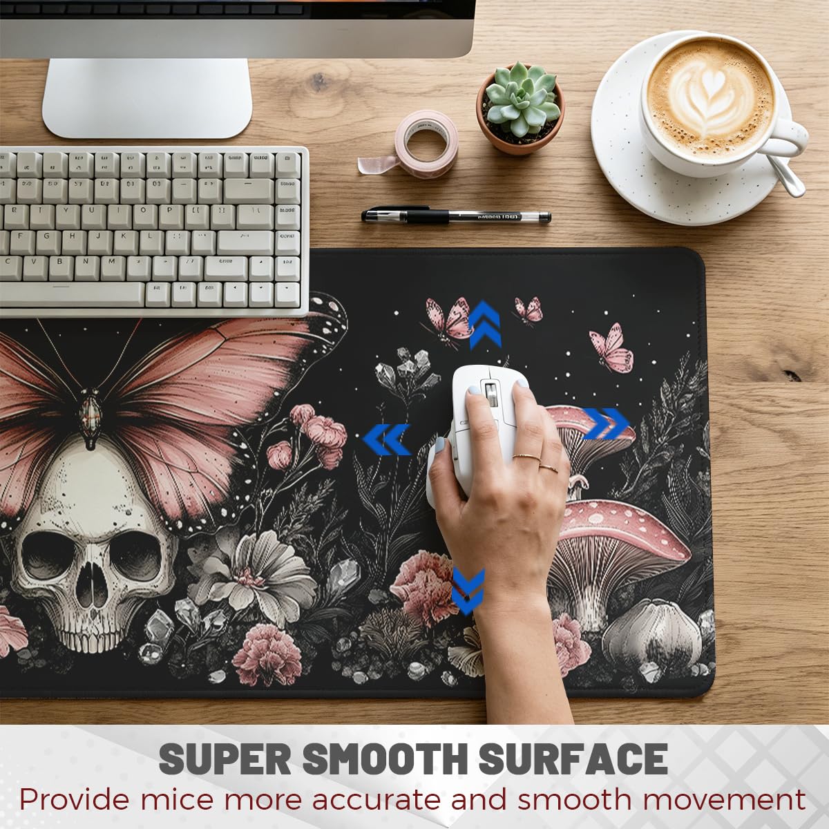 Gothic Skull Large Gaming Mouse Pad Pink Butterfly Mushroom Dark Floral Desk Mat (Gothic Skull / 35.4L x 15.7W inches)